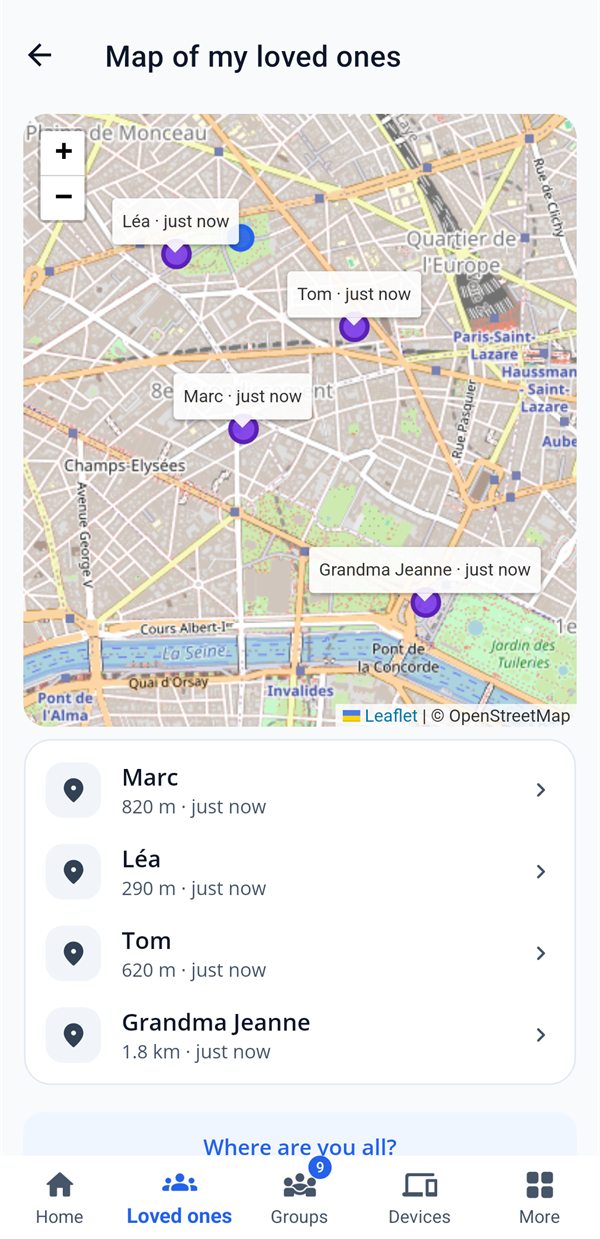 The map of loved ones: Marc, Léa, Tom and Grandma Jeanne