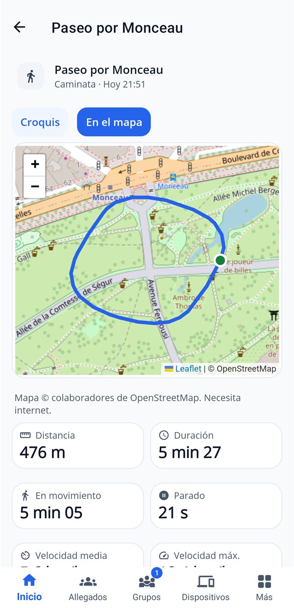 Un paseo por el parque Monceau en el mapa, con distancia y duración