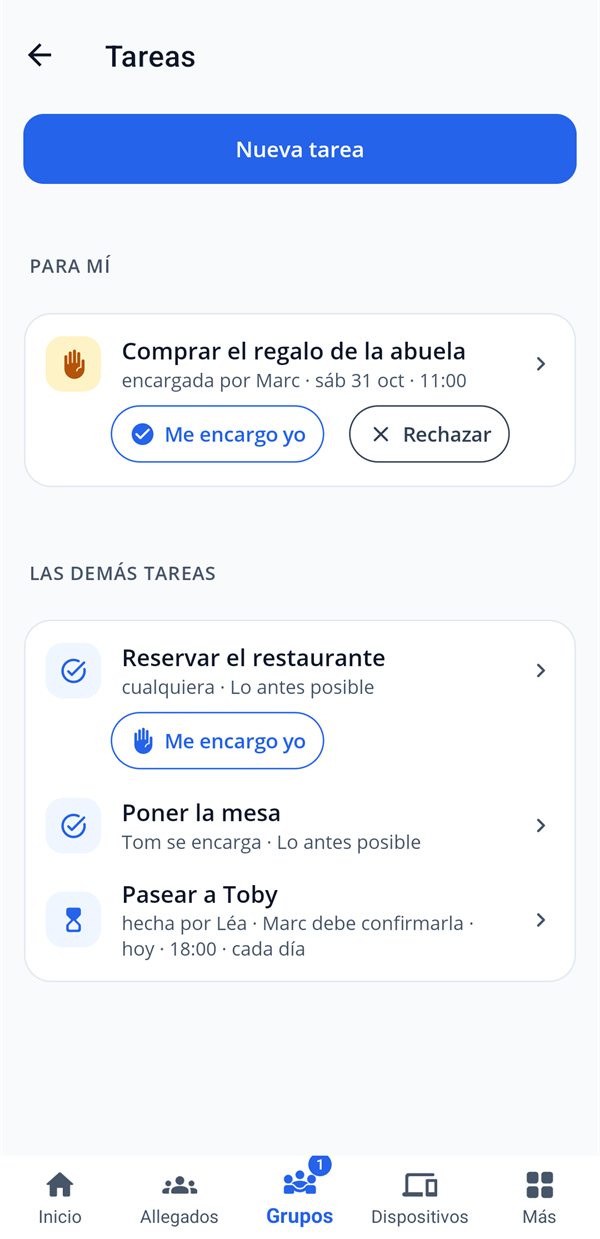 Las tareas de la familia: una tarea encargada para aceptar o rechazar, las demás en curso