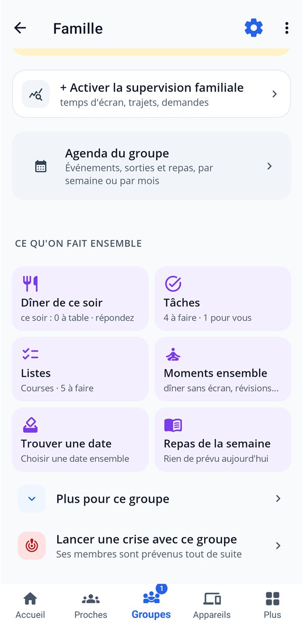 Le groupe Famille&nbsp;: date, sortie, dîner, tâches, listes, repas, trajets école