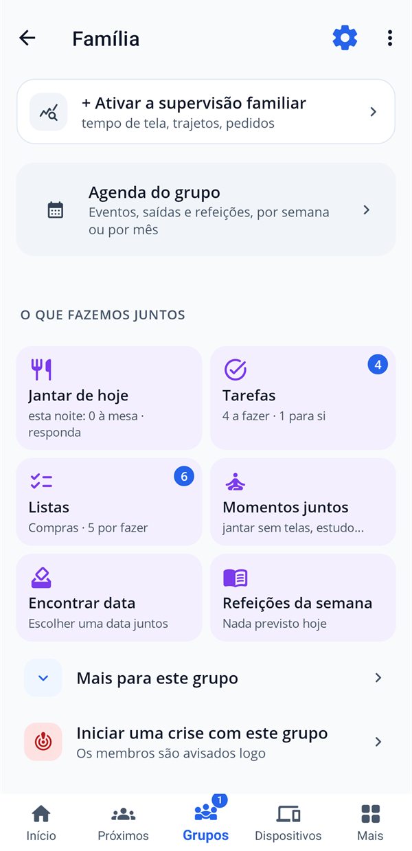 O grupo Família: data, saída, jantar, tarefas, listas, refeições, boleias para a escola