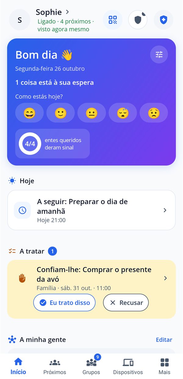 O ecrã inicial do HeyUs: o dia, uma tarefa atribuída pelo Marc, os meus próximos e grupos