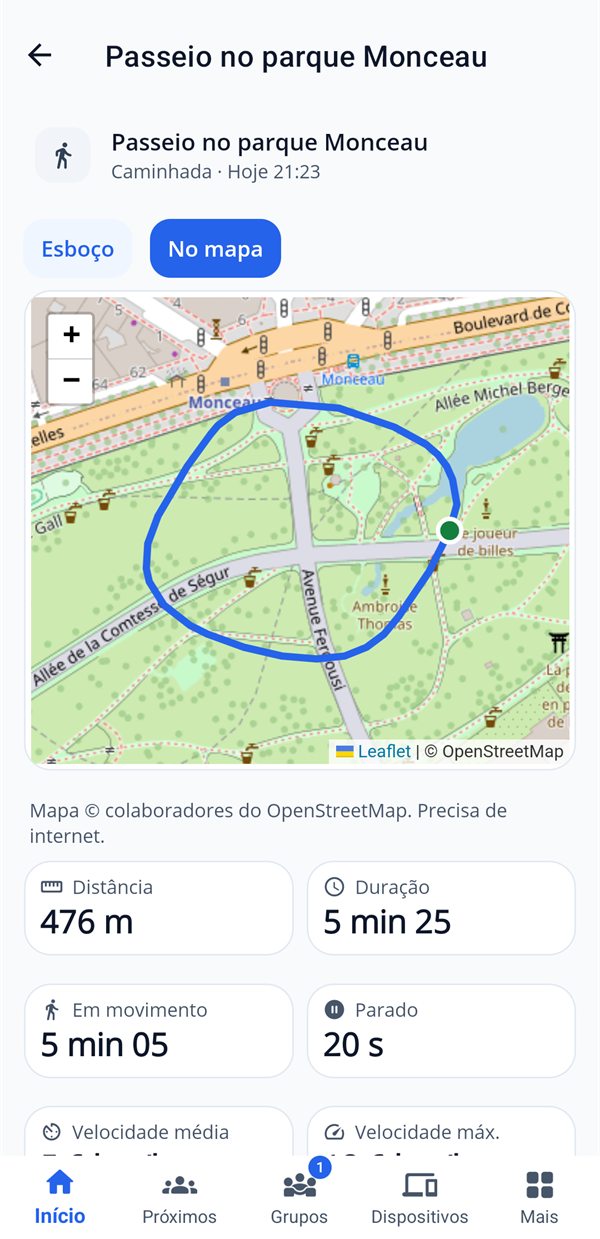 Um passeio no parque Monceau no mapa, com distância e duração