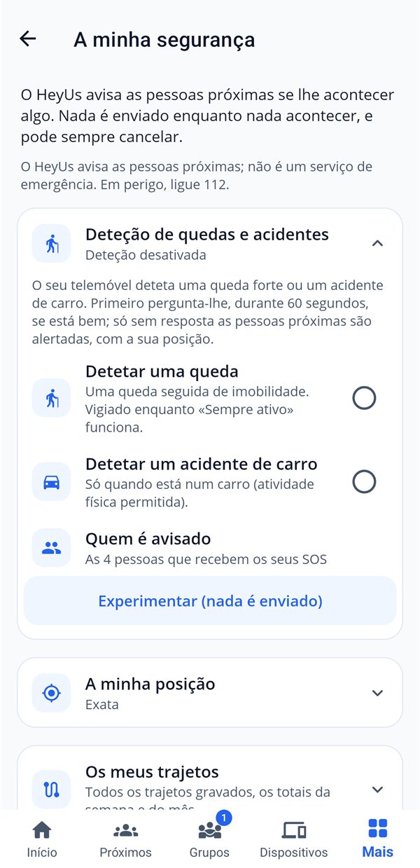 A minha segurança: deteção de queda e de acidente, quem é avisado