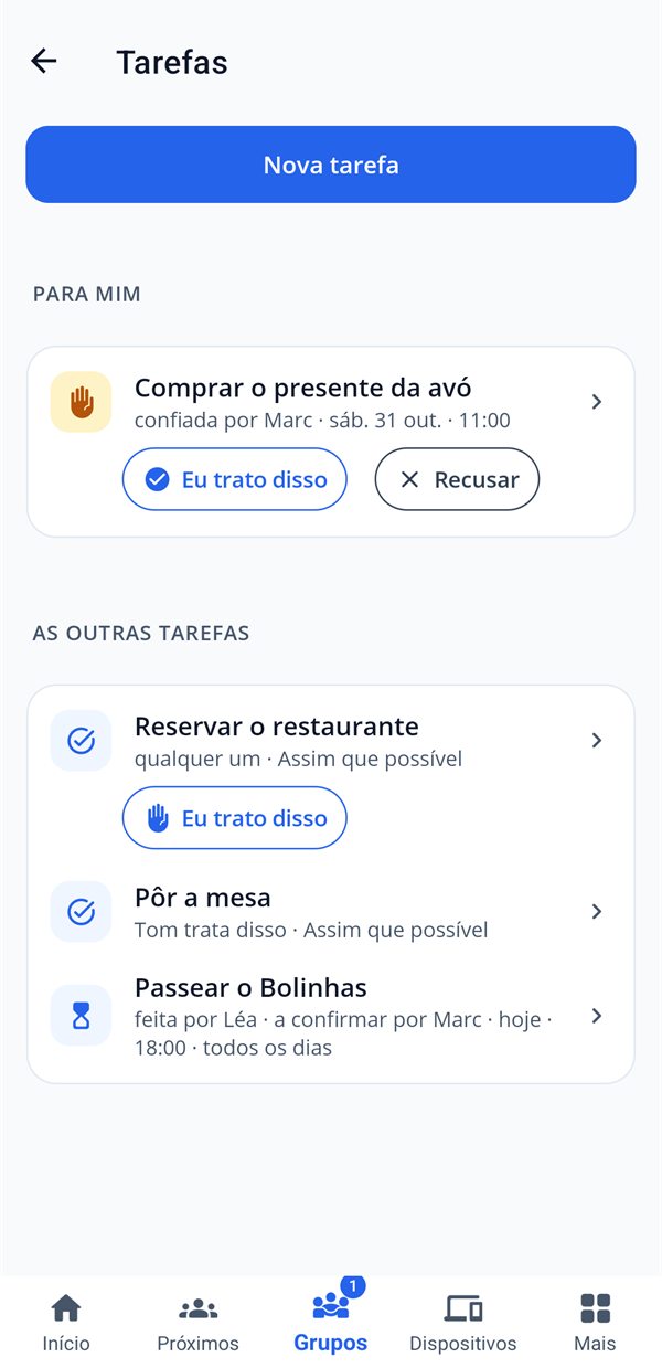 As tarefas da família: uma tarefa atribuída para aceitar ou recusar, as outras em curso